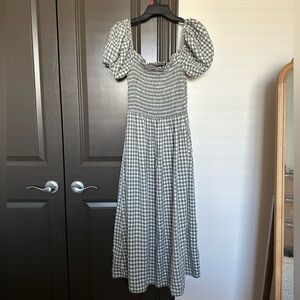 LA COMET Gingham Smocked Midi Dress with Puff Sleeves — Green Check — Size M